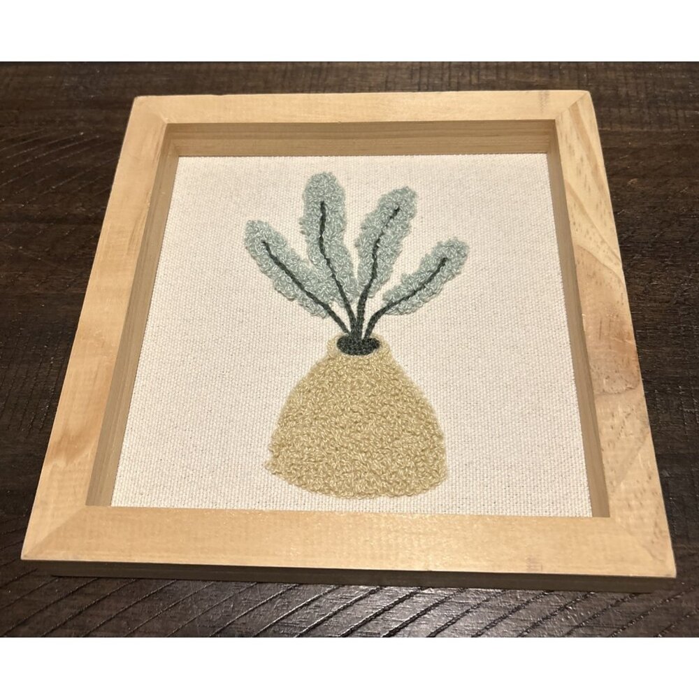 7” Punch Art Plant In Light Wood Shadow Box Frame & Tan Pot